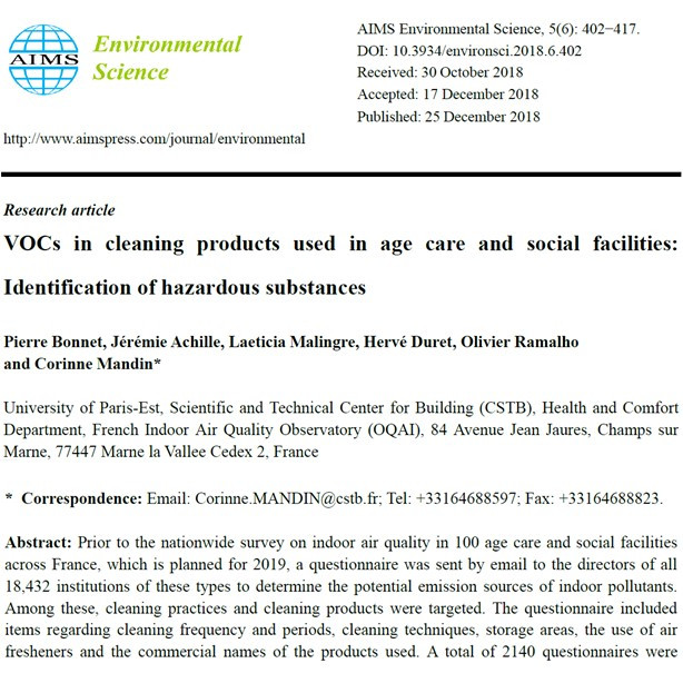 Les COV dans les produits de nettoyage utilisés dans les établissements de soins pour personnes âgées et les établissements sociaux: identification des substances dangereuses